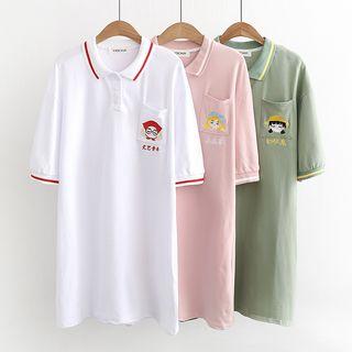 Elbow-sleeve Embroidered Polo Shirt Dress