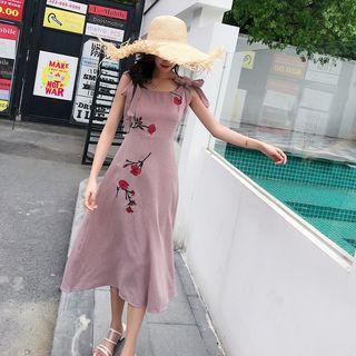 Ribbon-strap Floral Printed Plaid Midi Dress