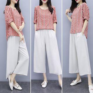 Set: Gingham Elbow-sleeve Blouse + Cropped Wide Leg Pants