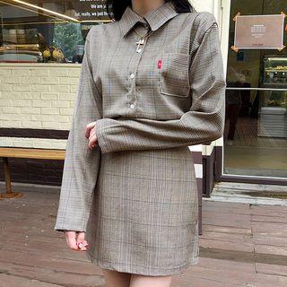 Set: Glen-plaid Shirt + A-line Mini Skirt