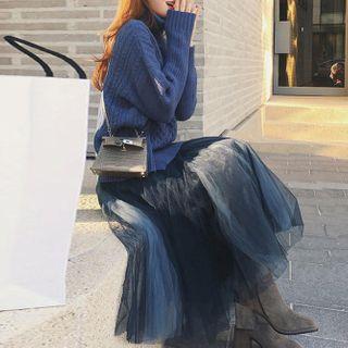 Set: Cable-knit Turtleneck Sweater + Midi Mesh Skirt