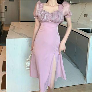 Puff-sleeve Plain Mesh Panel Slit Slim-fit Dress