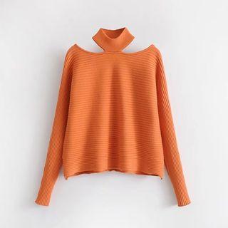 Plain Mock Neck Cut Out Shoulder Sweater