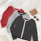 Color-block Striped Single-breasted Crewneck Knit Top