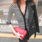 Elbow-sleeve Lace-trim Stripe Cardigan