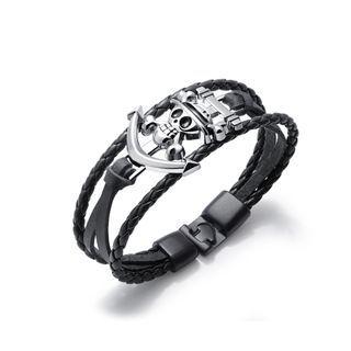 Fashion Creative Skull Multi-layer Black Leather Bracelet Silver - One Size
