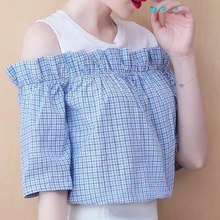 Cutout Shoulder Panel Plaid Short-sleeve Top