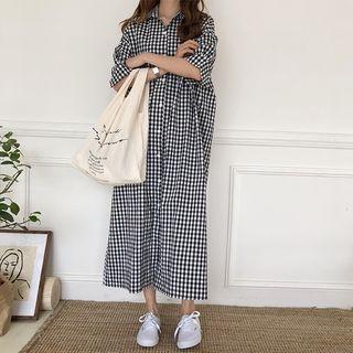 Elbow-sleeve Checked Midi Shirt Dress Plaid - Black & White - One Size