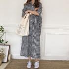 Elbow-sleeve Checked Midi Shirt Dress Plaid - Black & White - One Size