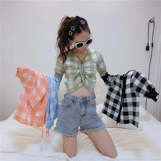 Short-sleeve Checker Drawstring Cropped Knit Top