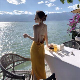 Spaghetti Strap Open Back Midi Sheath Dress