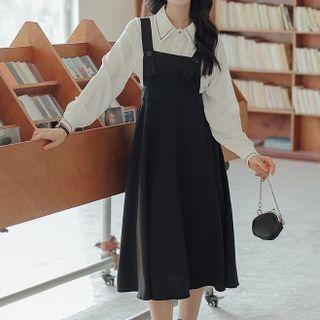 Set: Puff-sleeve Shirt + Lace-up Midi Overall Dress