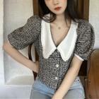 Short-sleeve Buttoned Tweed Top Black & White - One Size