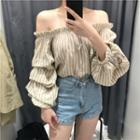 Off-shoulder Pinstripe Elbow-sleeve Blouse