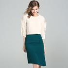 Set: 3/4-sleeve Frill-trim Pullover + Plain Pencil Skirt