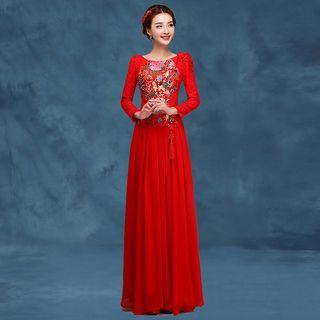 Embroidered Long-sleeve Wedding Gown