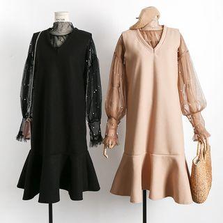 Set: Faux-pearl Sheer Top + Sleeveless Wool Dress + Camisole