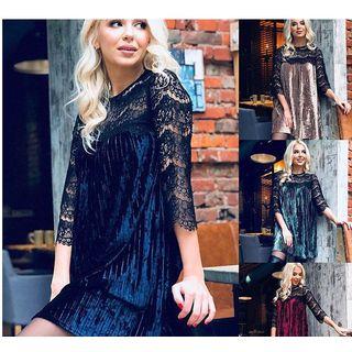 3/4-sleeve Lace Panel Pleated Mini Dress