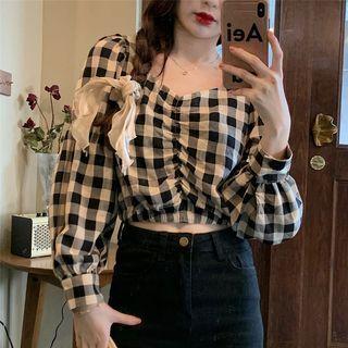 Long-sleeve Checked Crop Top