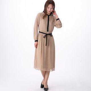 Long-sleeve Dotted Contrast Trim Chiffon Dress