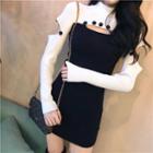 Color-block Cutout Long-sleeve Slim-fit Knit Dress As Figure - One Size