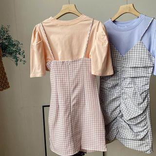 Set: Short-sleeve T-shirt + Spaghetti Strap Plaid A-line Dress