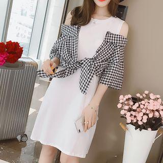Plaid Elbow-sleeve Mock Two-piece Dress