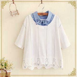 Mock Two Piece Cat Embroidered Collar T-shirt