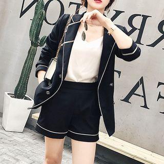 Set: Contrast Trim Double-breasted Blazer + Shorts