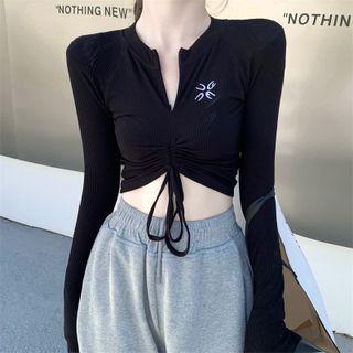 Long Sleeve Drawstring Embroidered Top