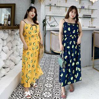 Spaghetti Strap Avocado Print Maxi Dress