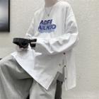 Long-sleeve Lettering Buttoned Hem T-shirt