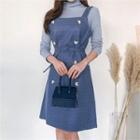 Set: Mockneck Top + Belted Pinafore Dress Blue - One Size