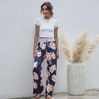 Floral Print Drawstring Straight Leg Pants