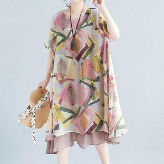 Short-sleeve Chiffon Layered Panel Dress Leaf - Pink - One Size