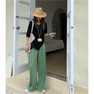 Plaid Straight Leg Pants Green - One Size