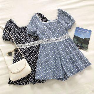 Short-sleeve Flower Embroidered Playsuit