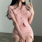 Short-sleeve Fringed Trim Button-up Jacket / A-line Skirt