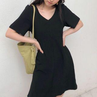 Short-sleeve Tie Waist Plain Dress Black - One Size
