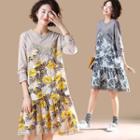 3/4-sleeve Mock Two-piece Floral Print A-line Dress