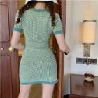Crew-neck Short-sleeve Knitted Dress Green - One Size
