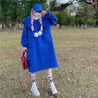 Wide Collar Pom Pom Accent Fleece Midi Sweatshirt Dress Blue - One Size