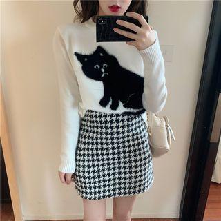 Long-sleeve Cat Printed Knit Top / High-waist Houndstooth Skirt
