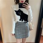 Long-sleeve Cat Printed Knit Top / High-waist Houndstooth Skirt