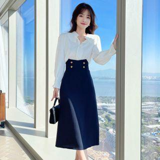 Set: Long-sleeve Blouse + High Waist Midi A-line Skirt