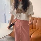 Elbow-sleeve Bear Print T-shirt / Button-up Midi Skirt