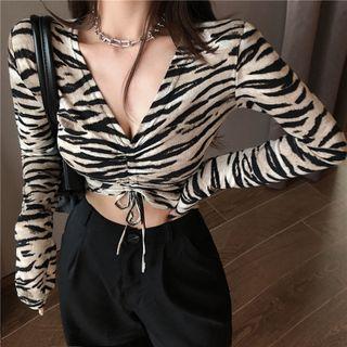 Long-sleeve Zebra Print Drawstring Cropped T-shirt