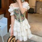 Cold-shoulder Ruffled A-line Layered Dress / Floral Print Lace-up Corset
