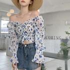 Off-shoulder Floral Cropped Blouse Blue - One Size