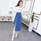 Set:color-block Long-sleeve Blouse + High-waist Skirt